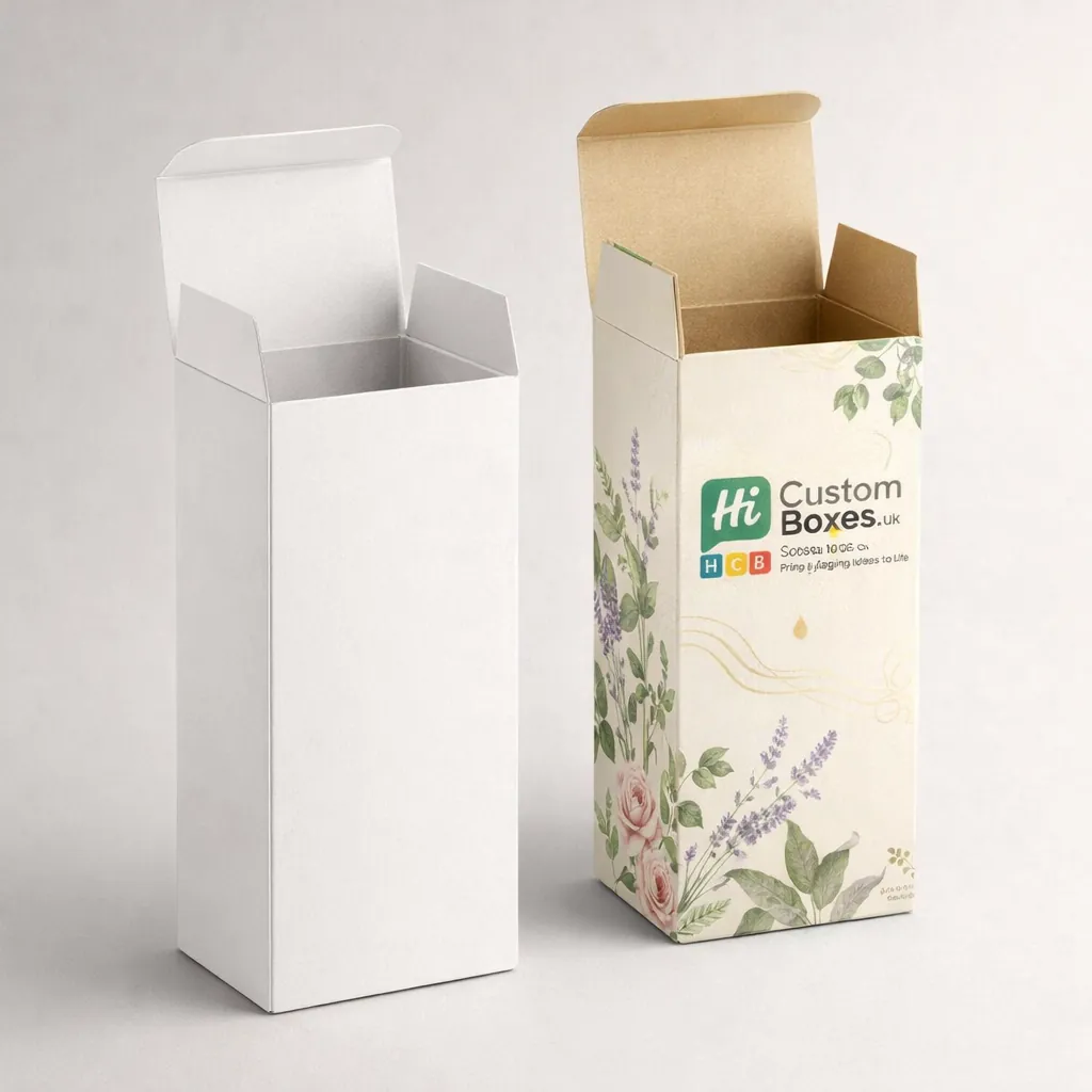 Two square two-piece rigid boxes, one plain white and one with decorative floral candle branding.